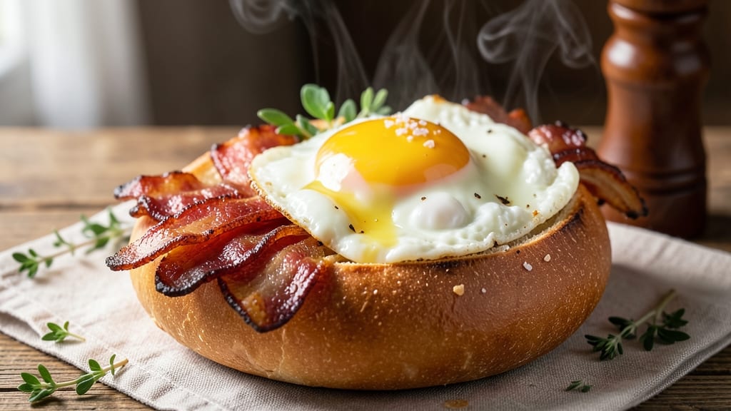 Bacon Egg and Cheese on a Roll Recipe: Crispy Toasted Roll With Melty Cheese Rivers