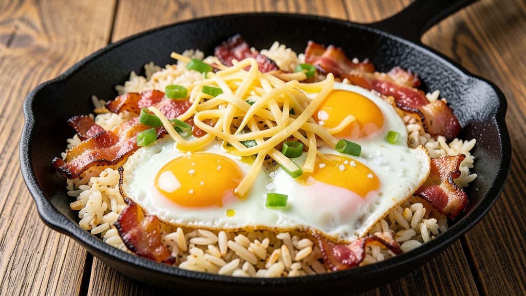 Bacon Egg and Cheese Fried Rice Recipe: Crispy Bacon Bites and Fluffy Eggs in One Pan
