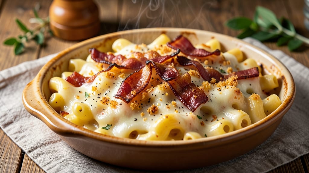 Baked Mac and Cheese Recipe with Bread Crumbs and Bacon: Crispy-Topped, Smoky-Bacon Bites