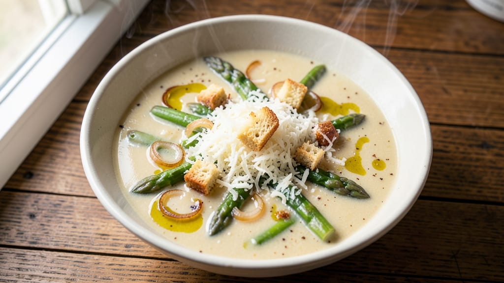 Asparagus Cheese Soup Recipe: Herbed Velouté With Crispy Bread Topping