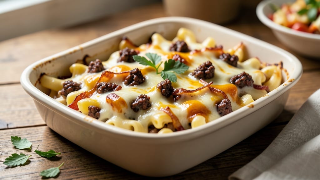 Baked Mac and Cheese Recipe with Meat: Savory Crisp-Topped Bites in One Pan