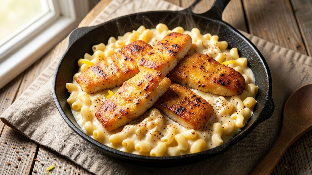 Bed Stuy Fish Fry Mac and Cheese Recipe: Crispy Beer-Battered Fish Over Cheesy Elbow Pasta