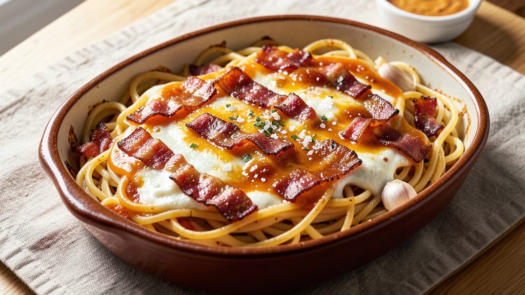 Bacon Cream Cheese Baked Spaghetti Recipe: Smoky Crispy Top With Crispy Bacon Bites