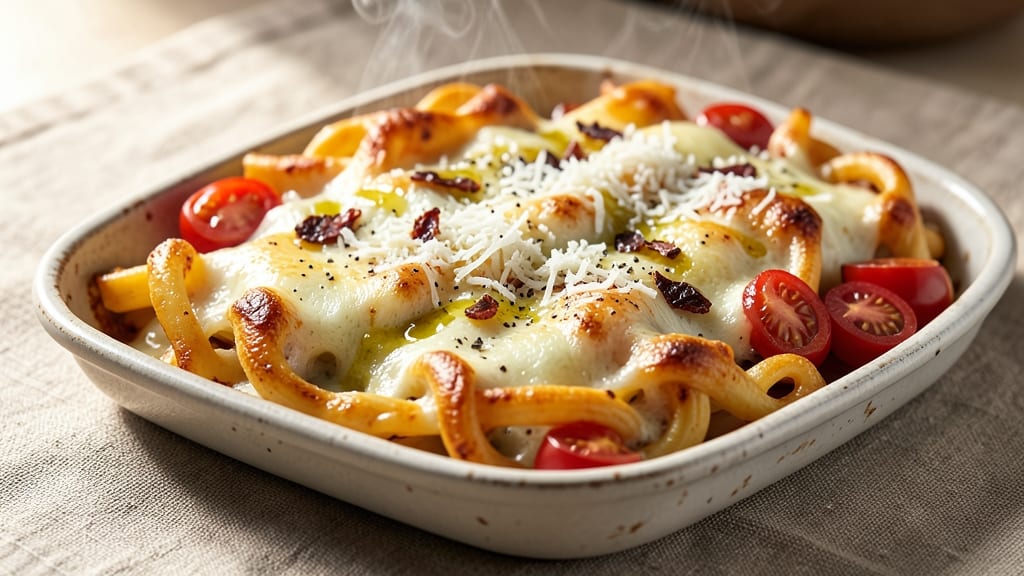 Baked Cheese Mostaccioli Recipe: Crispy Noodles With Gooey Cheese Rivers