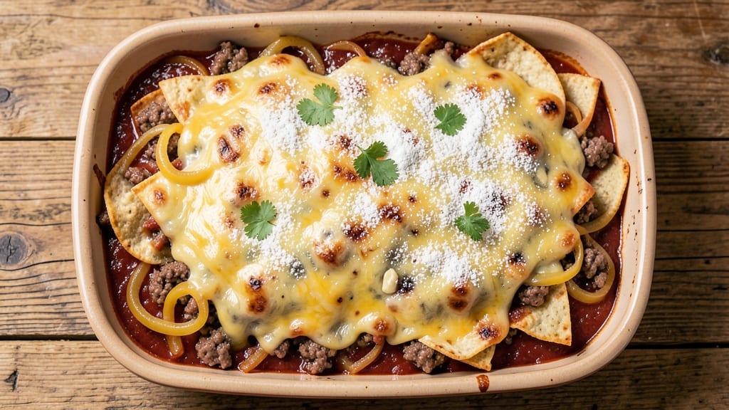 Beef and Cheese Enchilada Casserole Recipe: Crispy Tortilla Crown With Smoky Beef Layers